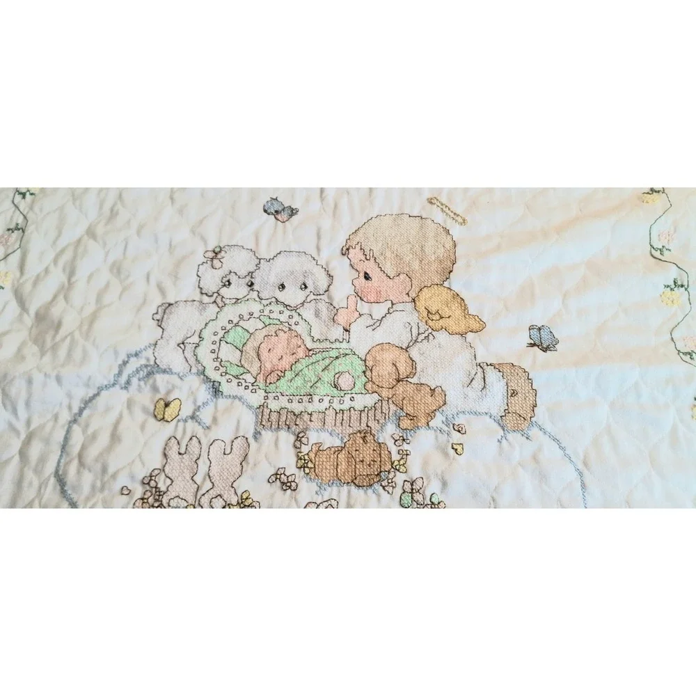 Vintage 1997 Handmade Baby Quilt 33x40 Cross Stitch Now I Lay Me Down Prayer EUC